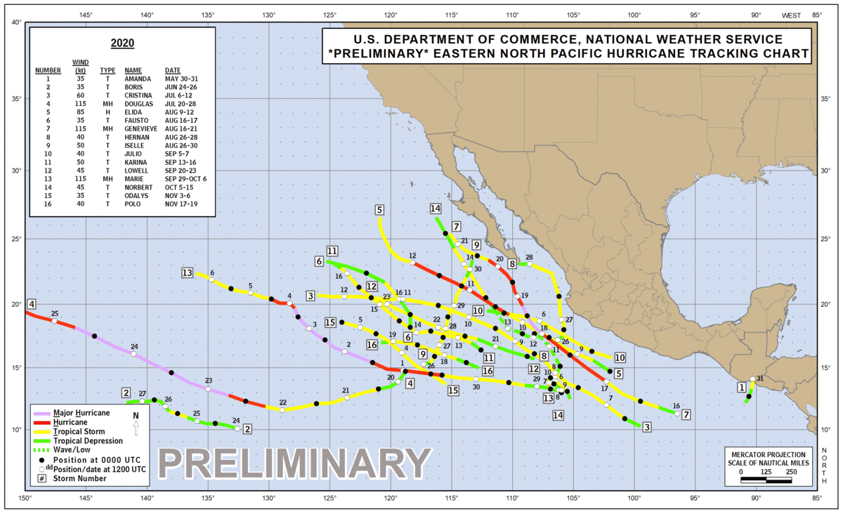 Eastern North Pacific Tropical Cyclone Tracks 2020, NOAA