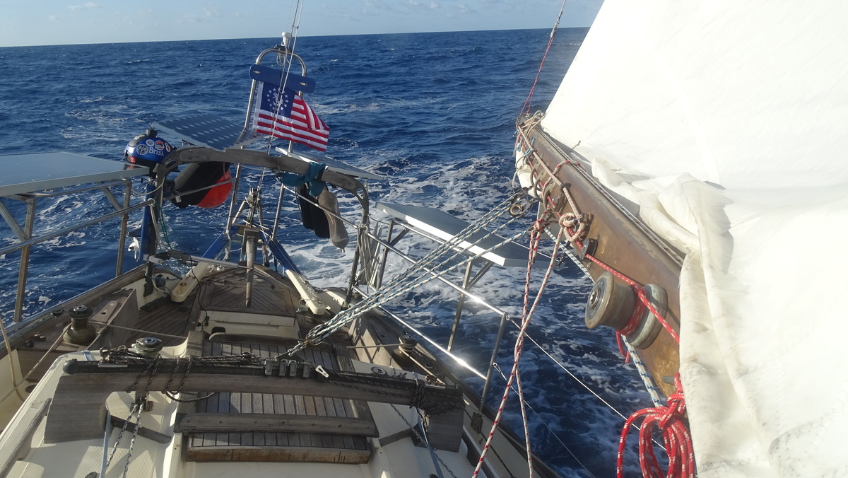 Sailing Brisa, looking aft from on deck, in moderate with one reef