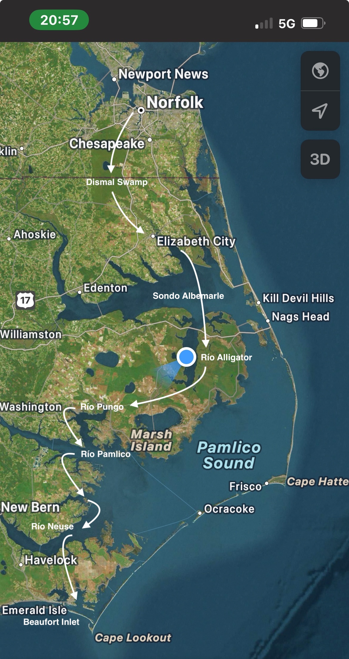 Mapa satelite de Norfolk a Beaufort